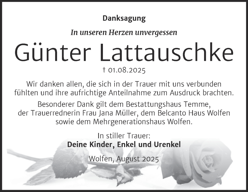  Traueranzeige für Günter Lattauschke vom 06.09.2025 aus SuperSonntag Bitterfeld