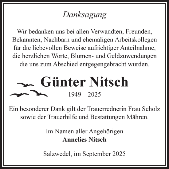 Traueranzeige von Günter Nitsch von Volksstimme Altmark West