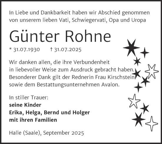 Traueranzeige von Günter Rohne von Mitteldeutsche Zeitung Halle/Saalkreis