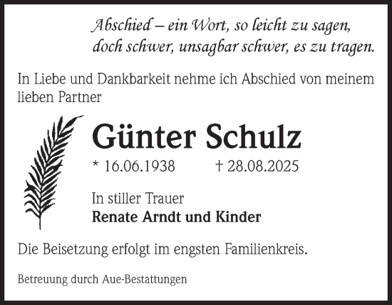 Traueranzeige von Günter Schulz von Volksstimme Magdeburg