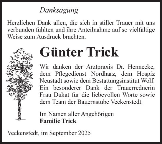 Traueranzeige von Günter Trick von Volksstimme Halberstadt
