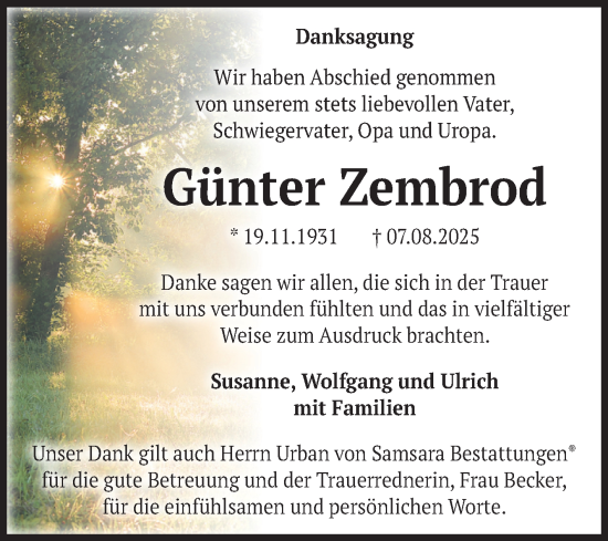 Traueranzeige von Günter Zembrod von Volksstimme Magdeburg