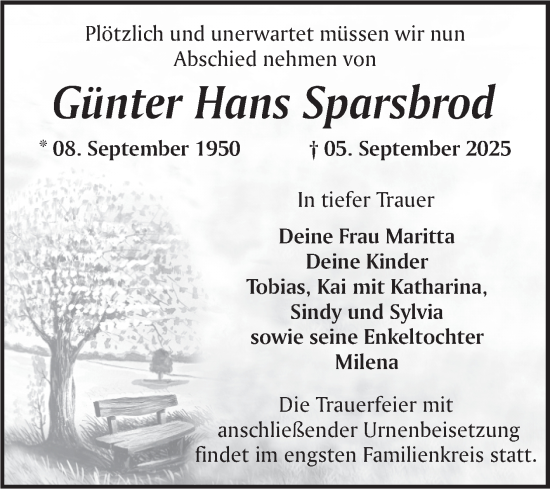 Traueranzeige von Günter Hans Sparsbrod von Trauerkombi Quedlinburg