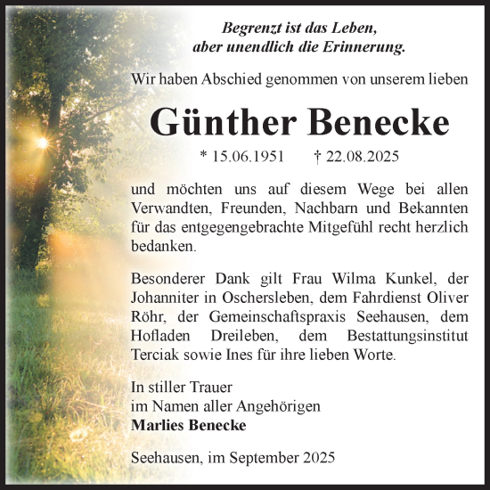 Traueranzeige von Günther Benecke von Volksstimme Oschersleben/Wanzleben
