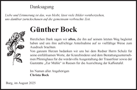 Traueranzeige von Günther Bock von Volksstimme Burg/Genthin