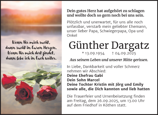 Traueranzeige von Günther Dargatz von Trauerkombi Köthen