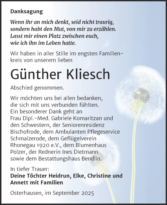 Traueranzeige von Günther Kliesch von Trauerkombi Mansfelder Land