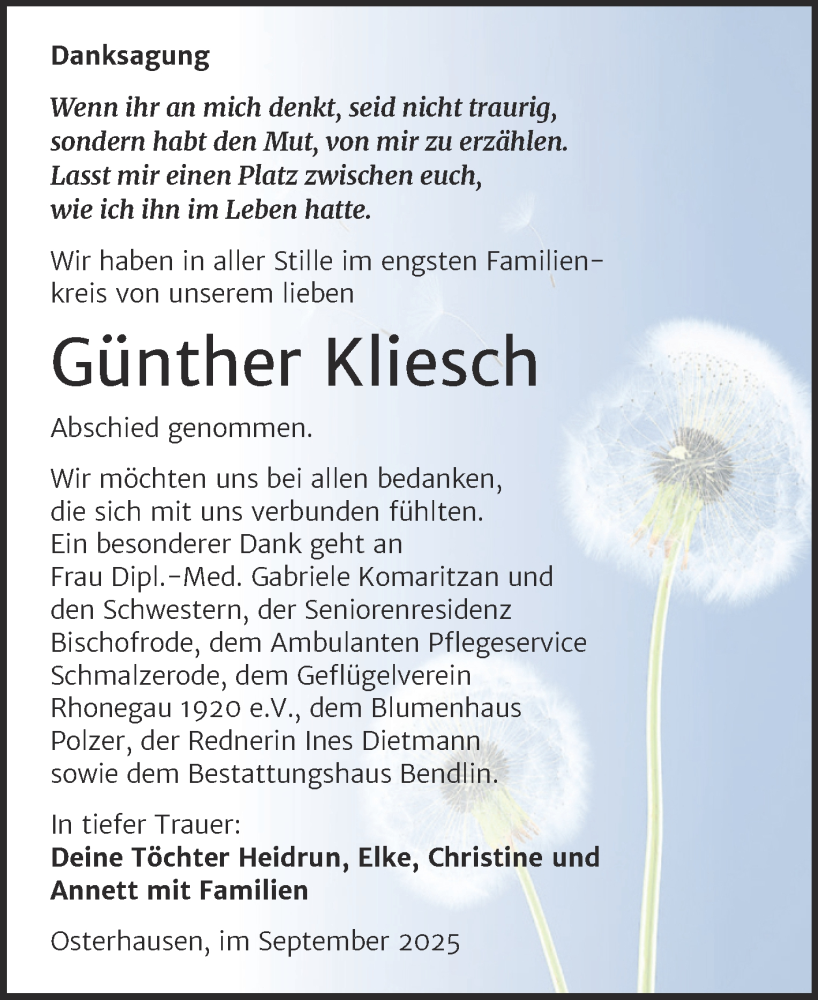  Traueranzeige für Günther Kliesch vom 26.09.2025 aus Trauerkombi Mansfelder Land