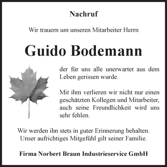 Traueranzeige von Guido Bodemann von Volksstimme Burg/Genthin