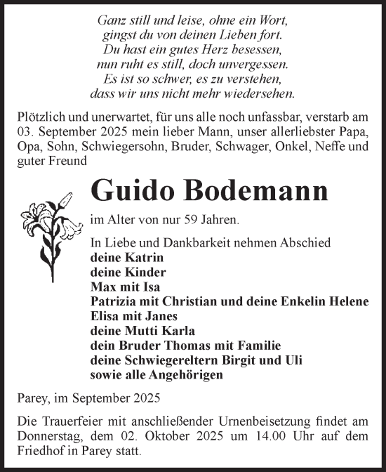 Traueranzeige von Guido Bodemann von Volksstimme Burg/Genthin