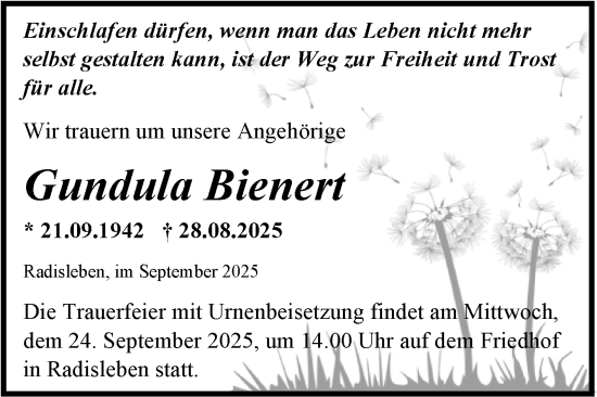 Traueranzeige von Gundula Bienert von Trauerkombi Quedlinburg