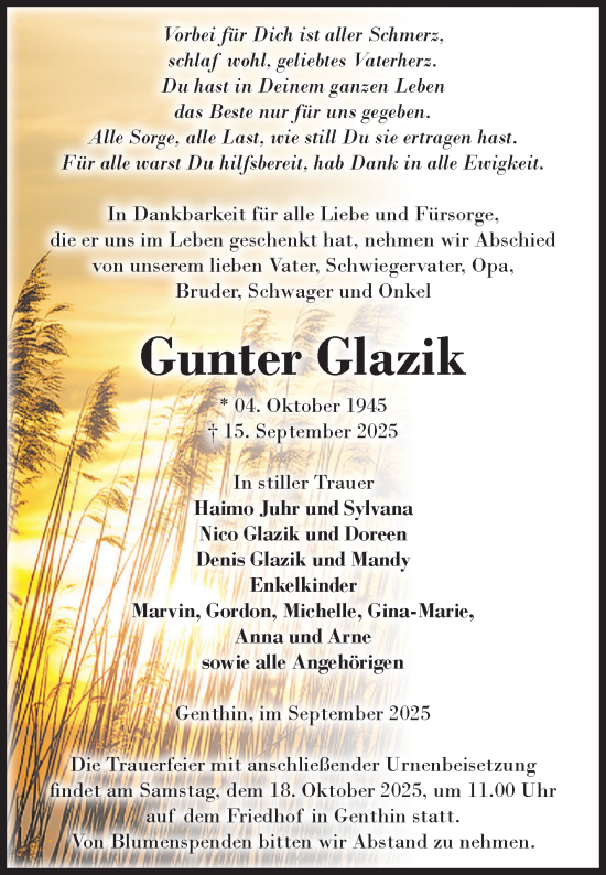 Traueranzeige von Gunter Glazik von Volksstimme Burg/Genthin