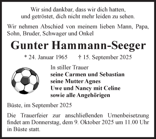 Traueranzeige von Gunter Hammann-Seeger von Volksstimme Altmark Ost