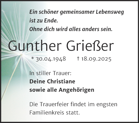 Traueranzeige von Gunther Grießer von Trauerkombi Aschersleben
