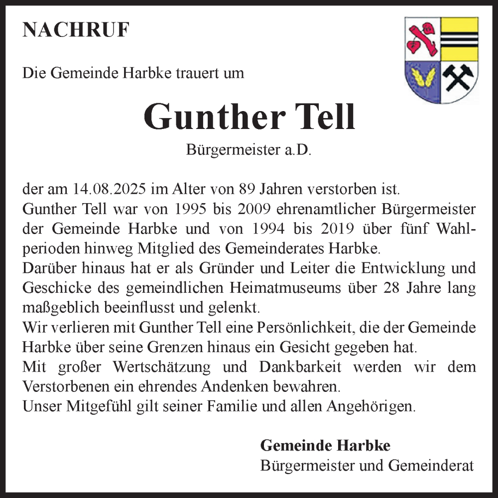  Traueranzeige für Gunther Tell vom 06.09.2025 aus Volksstimme Oschersleben/Wanzleben