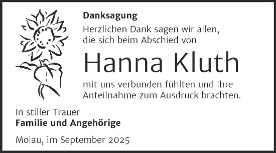 Traueranzeige von Hanna Kluth von Super Sonntag Naumburg/Nebra