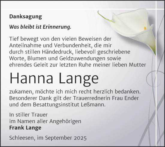 Traueranzeige von Hanna Lange von Trauerkombi Wittenberg