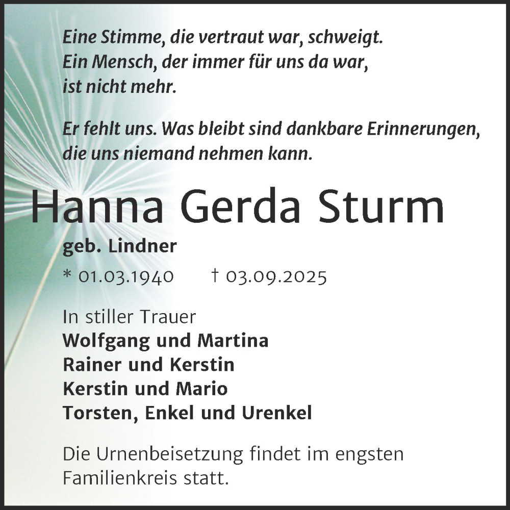  Traueranzeige für Hanna Gerda Sturm vom 13.09.2025 aus Trauerkombi Merseburg