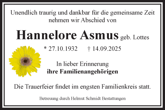 Traueranzeige von Hannelore Asmus von Volksstimme Magdeburg