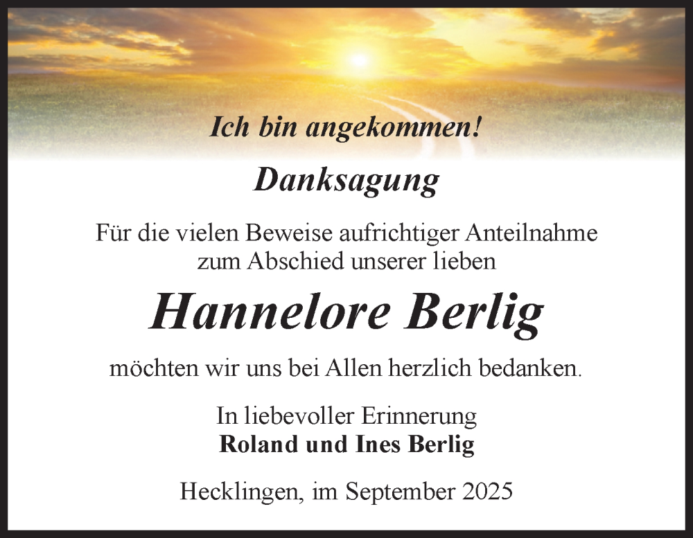  Traueranzeige für Hannelore Berlig vom 13.09.2025 aus Volksstimme Staßfurt