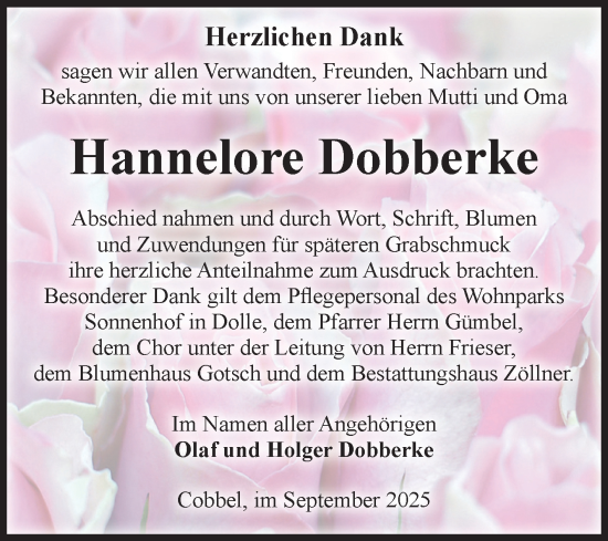 Traueranzeige von Hannelore Dobberke von Volksstimme Altmark Ost