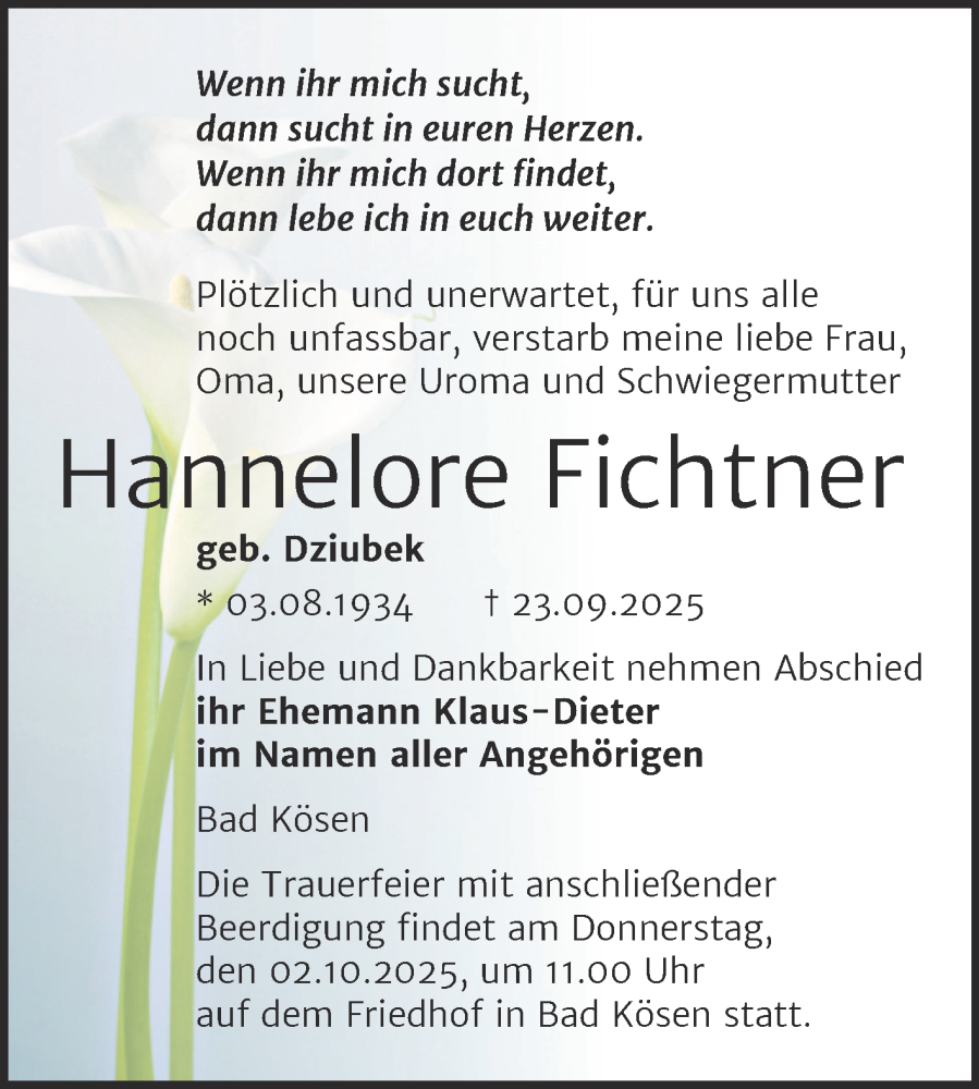  Traueranzeige für Hannelore Fichtner vom 27.09.2025 aus Naumburger Tageblatt