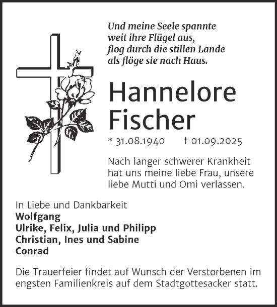 Traueranzeige von Hannelore Fischer von Mitteldeutsche Zeitung Halle/Saalkreis