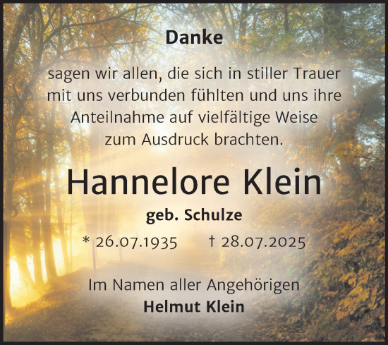 Traueranzeige von Hannelore Klein von Trauerkombi Wittenberg