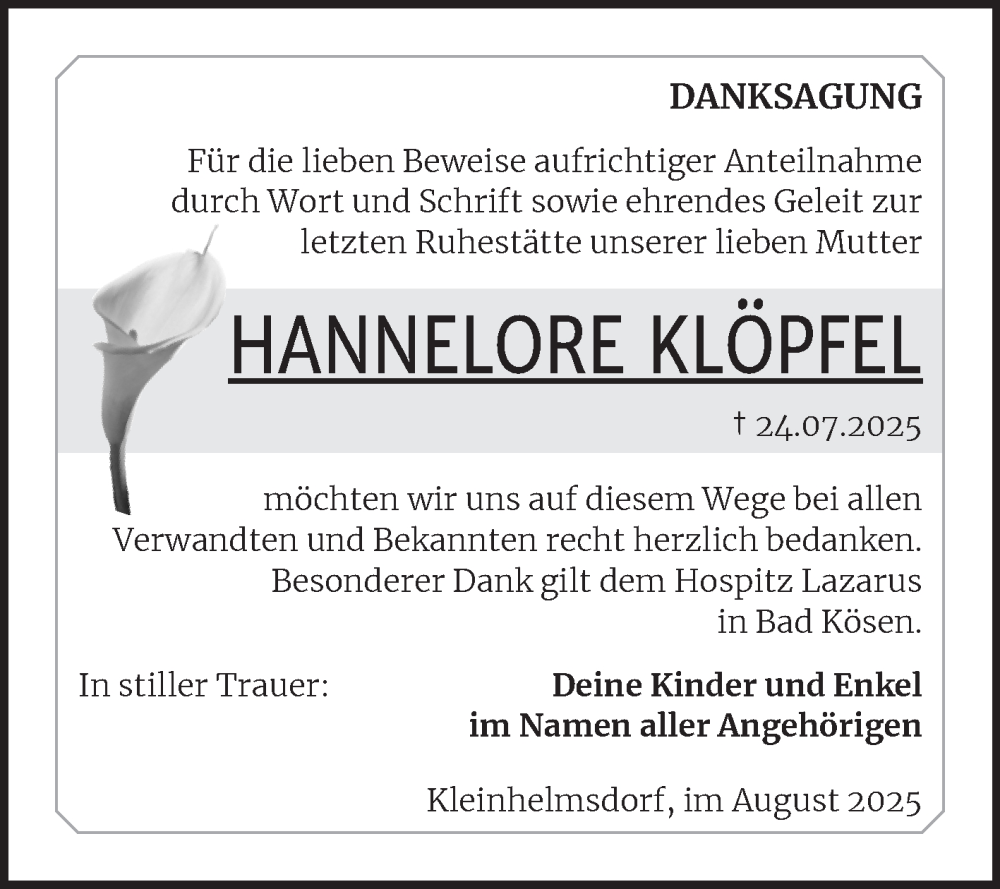  Traueranzeige für Hannelore Klöpfel vom 06.09.2025 aus Trauerkombi Zeitz