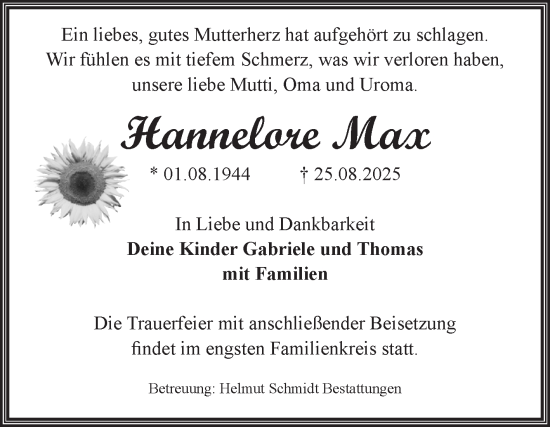 Traueranzeige von Hannelore Max von Volksstimme Schönebeck