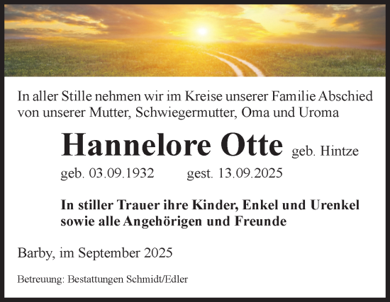Traueranzeige von Hannelore Otte von Volksstimme Schönebeck