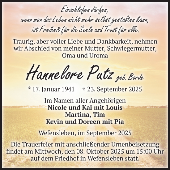 Traueranzeige von Hannelore Putz von Volksstimme Oschersleben/Wanzleben