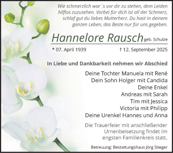 Traueranzeige von Hannelore Rausch von Volksstimme Oschersleben/Wanzleben