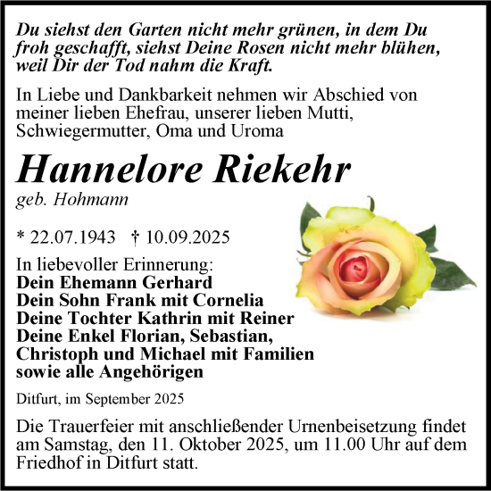 Traueranzeige von Hannelore Riekehr von Trauerkombi Quedlinburg