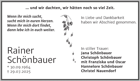 Traueranzeige von Rainer Schönbauer von Trauerkombi Mansfelder Land