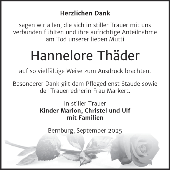 Traueranzeige von Hannelore Thäder von Trauerkombi Bernburg