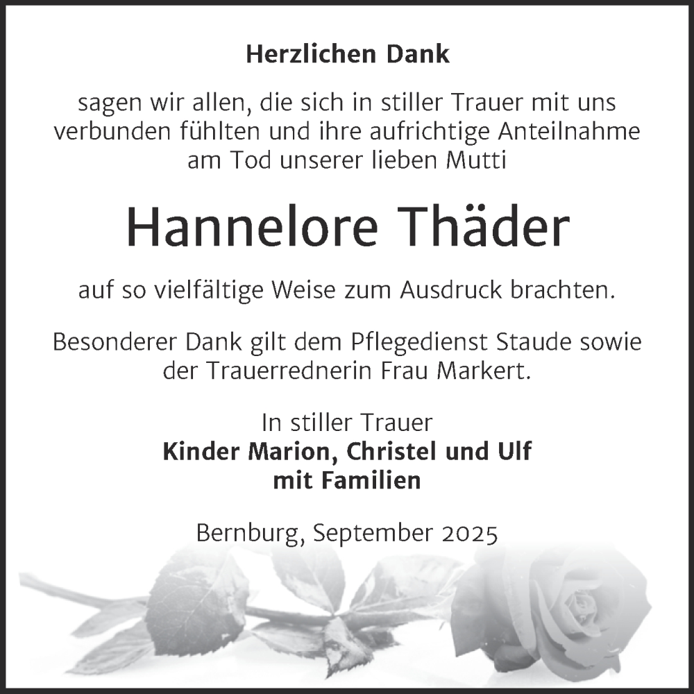  Traueranzeige für Hannelore Thäder vom 13.09.2025 aus Trauerkombi Bernburg