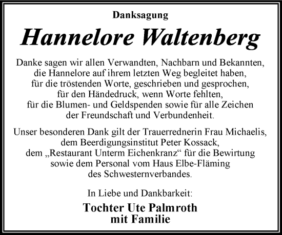 Traueranzeige von Hannelore Waltenberg von Trauerkombi Dessau