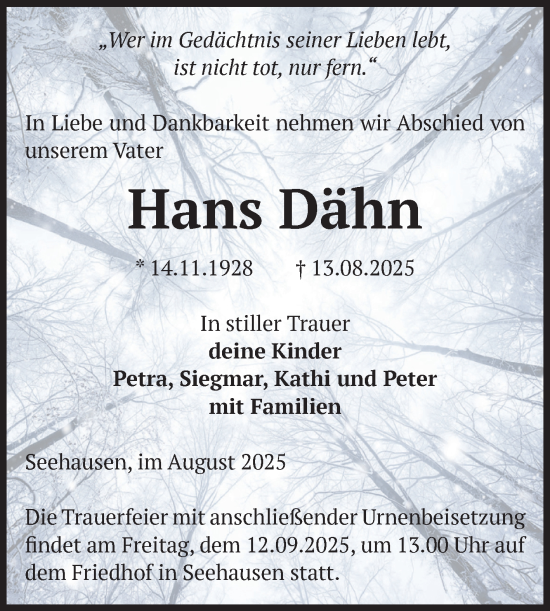 Traueranzeige von Hans Dähn von Volksstimme Altmark Ost