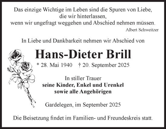 Traueranzeige von Hans-Dieter Brill von Volksstimme Altmark West