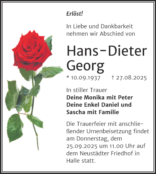 Traueranzeige von Hans-Dieter Georg von Mitteldeutsche Zeitung Halle/Saalkreis