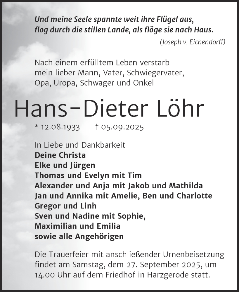 Traueranzeige für Hans-Dieter Löhr vom 13.09.2025 aus Trauerkombi Quedlinburg