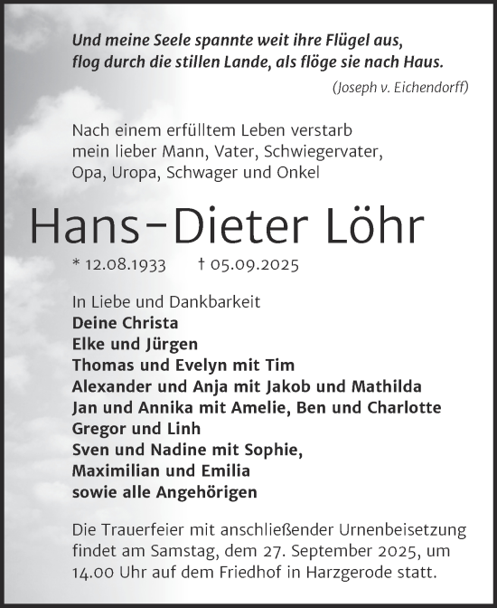 Traueranzeige von Hans-Dieter Löhr von Trauerkombi Quedlinburg