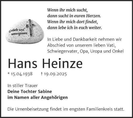 Traueranzeige von Hans Heinze von Trauerkombi Wittenberg