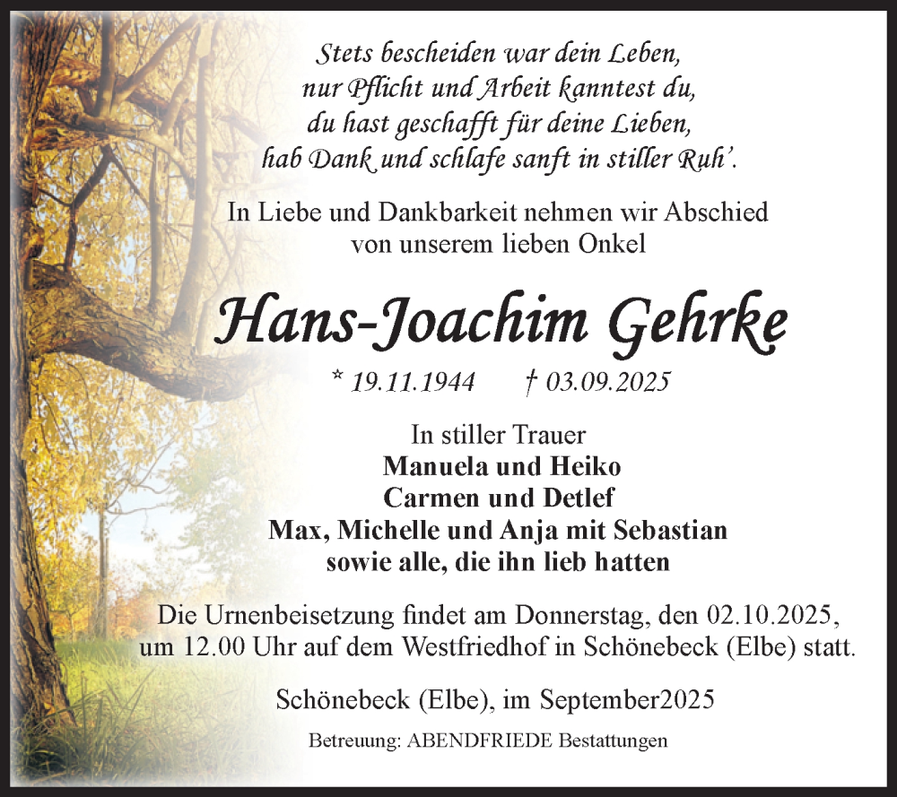  Traueranzeige für Hans-Joachim Gehrke vom 13.09.2025 aus Volksstimme Schönebeck
