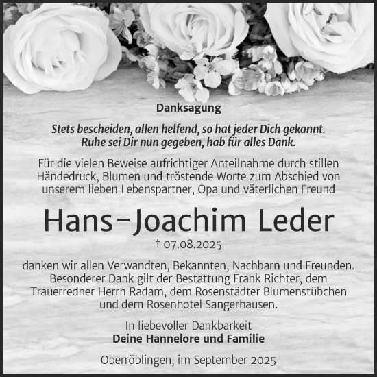Traueranzeige von Hans-Joachim Leder von Trauerkombi Sangerhausen