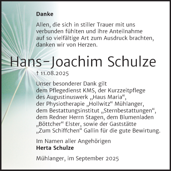 Traueranzeige von Hans-Joachim Schulze von Trauerkombi Wittenberg