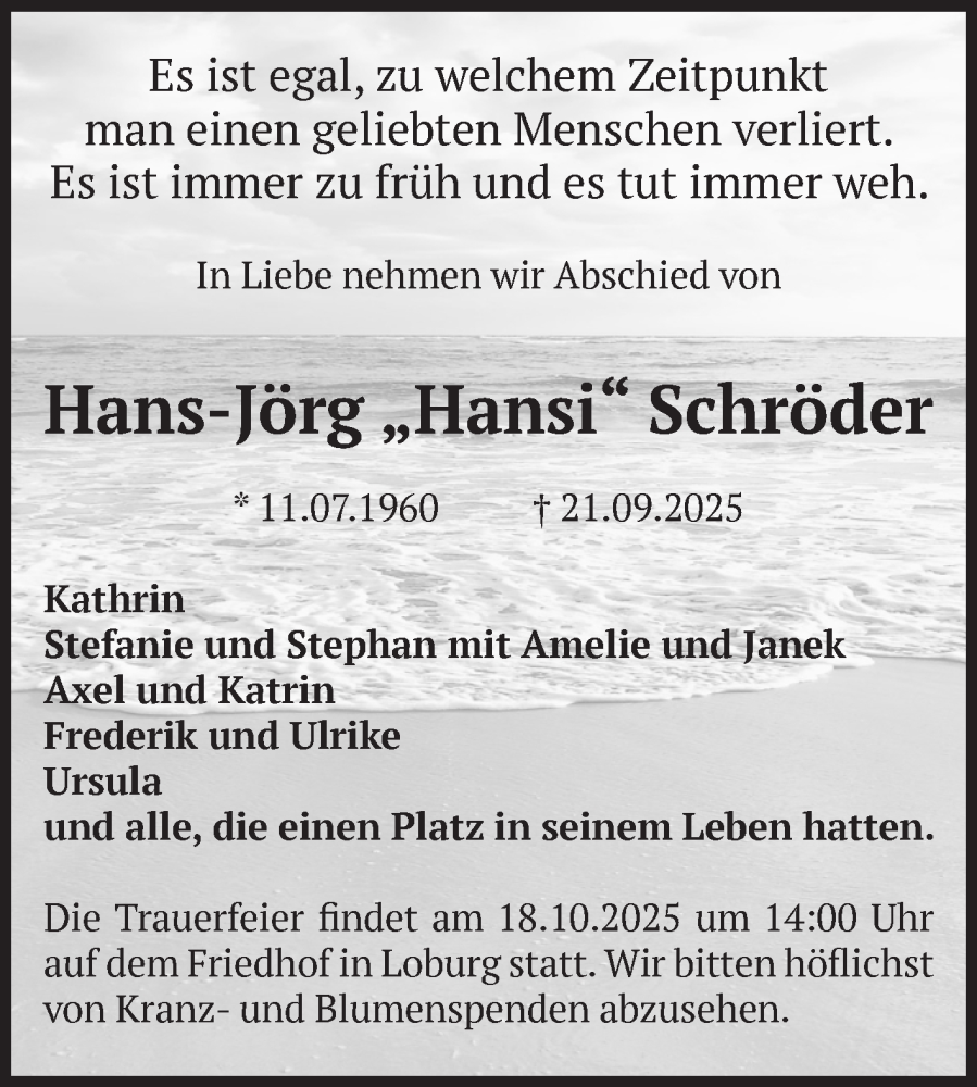  Traueranzeige für Hans-Jörg Schröder vom 27.09.2025 aus Volksstimme Zerbst