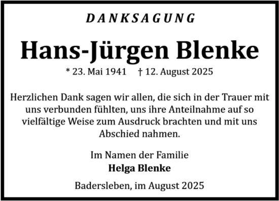 Traueranzeige von Hans-Jürgen Blenke von Volksstimme Halberstadt
