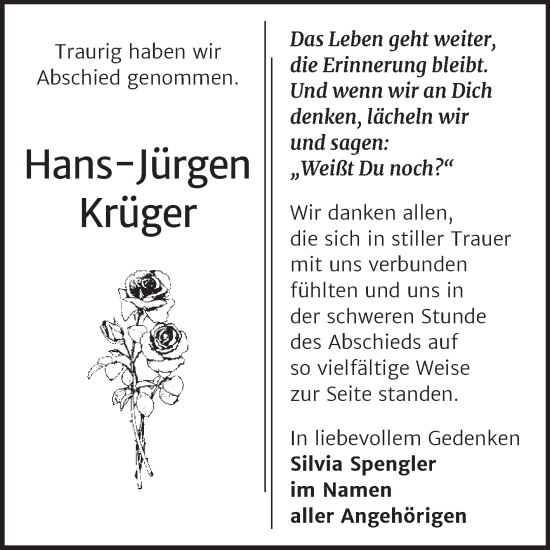 Traueranzeige von Hans-Jürgen Krüger von Trauerkombi Bernburg
